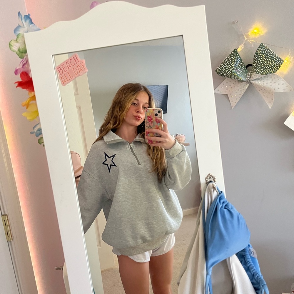 Grey Quarter-Zip Sweatshirt With Navy Stars